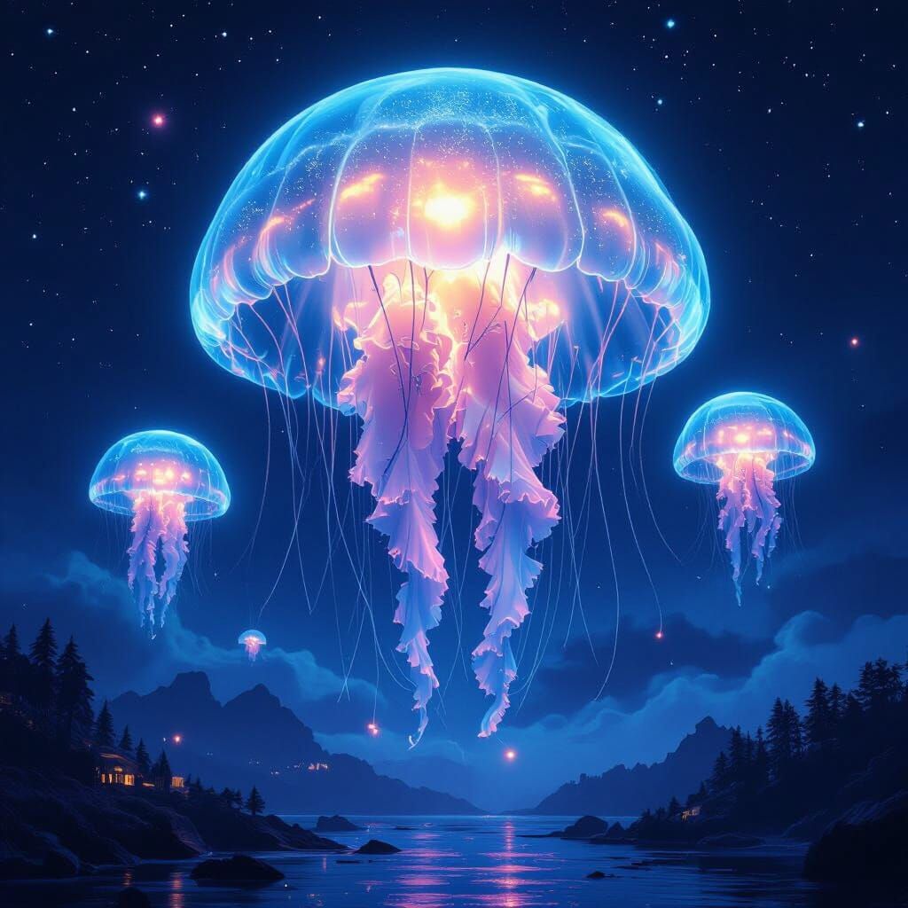 Luminous Jellyfish Floats Above Futuristic City