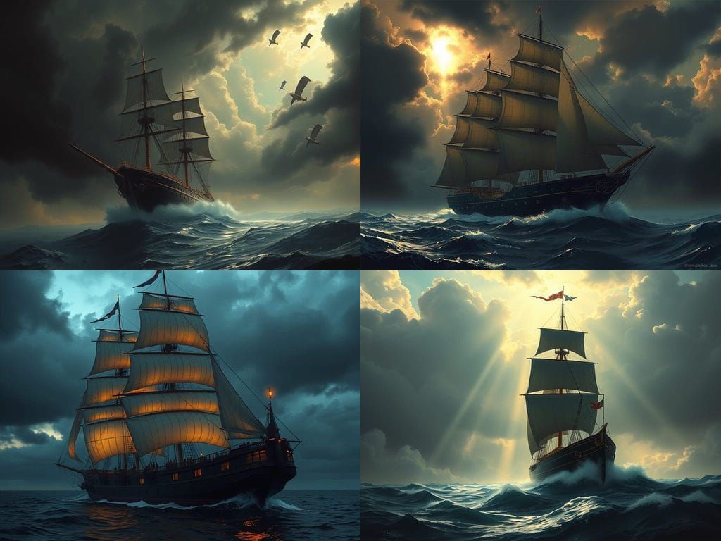 Elegant Ship in Dark Shadows with Distant Light