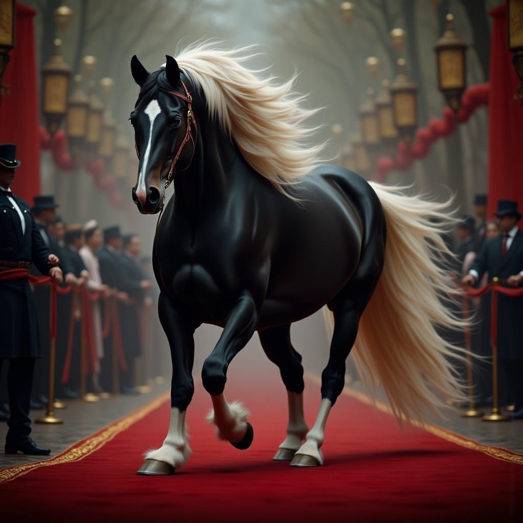 Elegant Black Stallion Strolls Red Carpet Amidst Vibrant Cro...