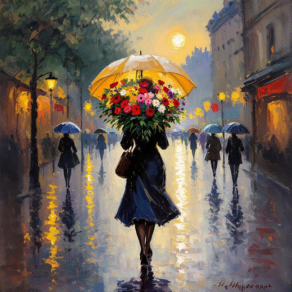 Woman with Flower Umbrella in Golden Sunset Light