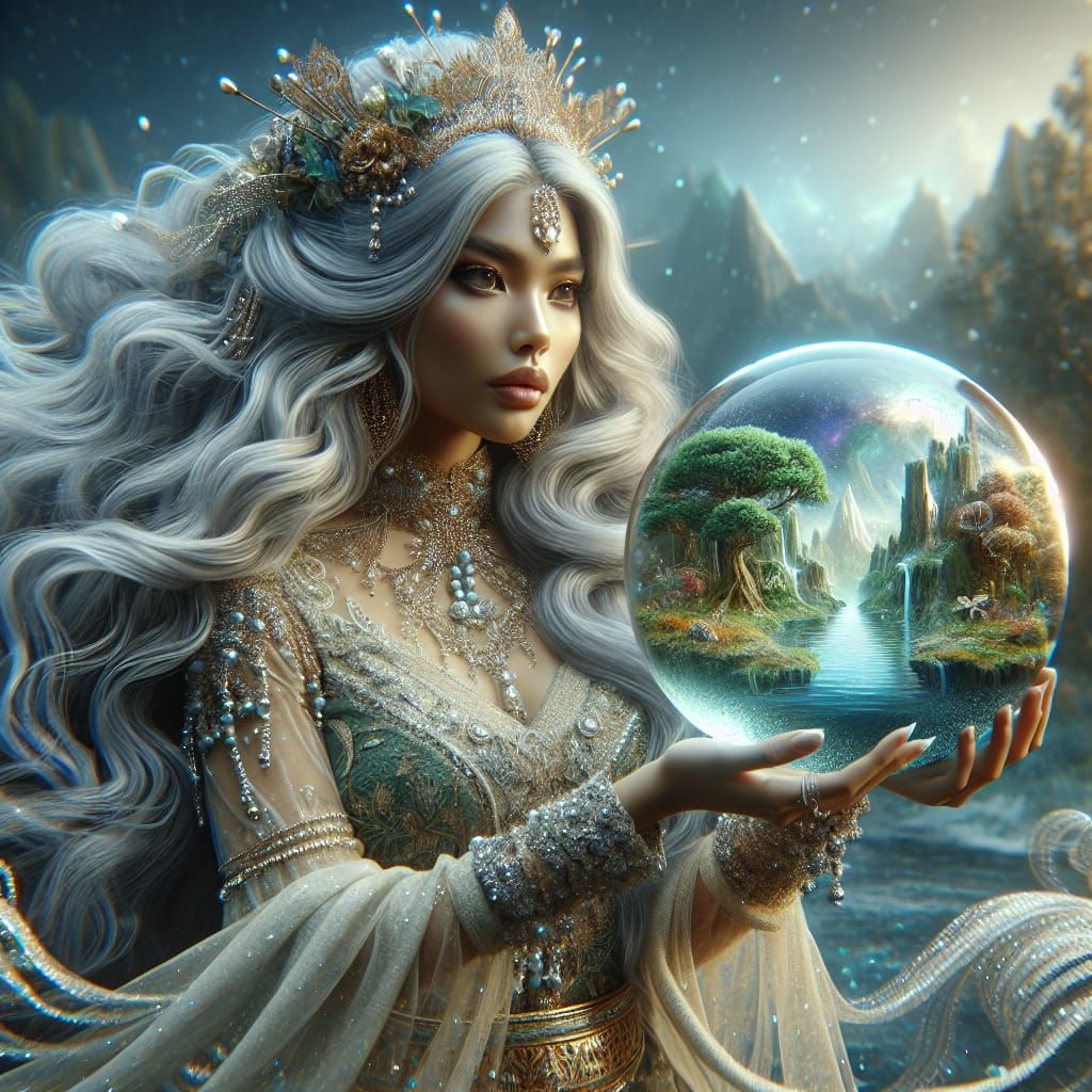 Woman Holding Magical World in Glass Sphere