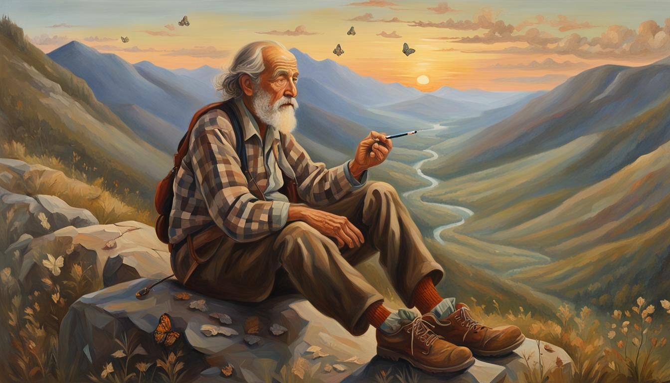 Mountain Landscape with Elderly Man, Oil Painting
