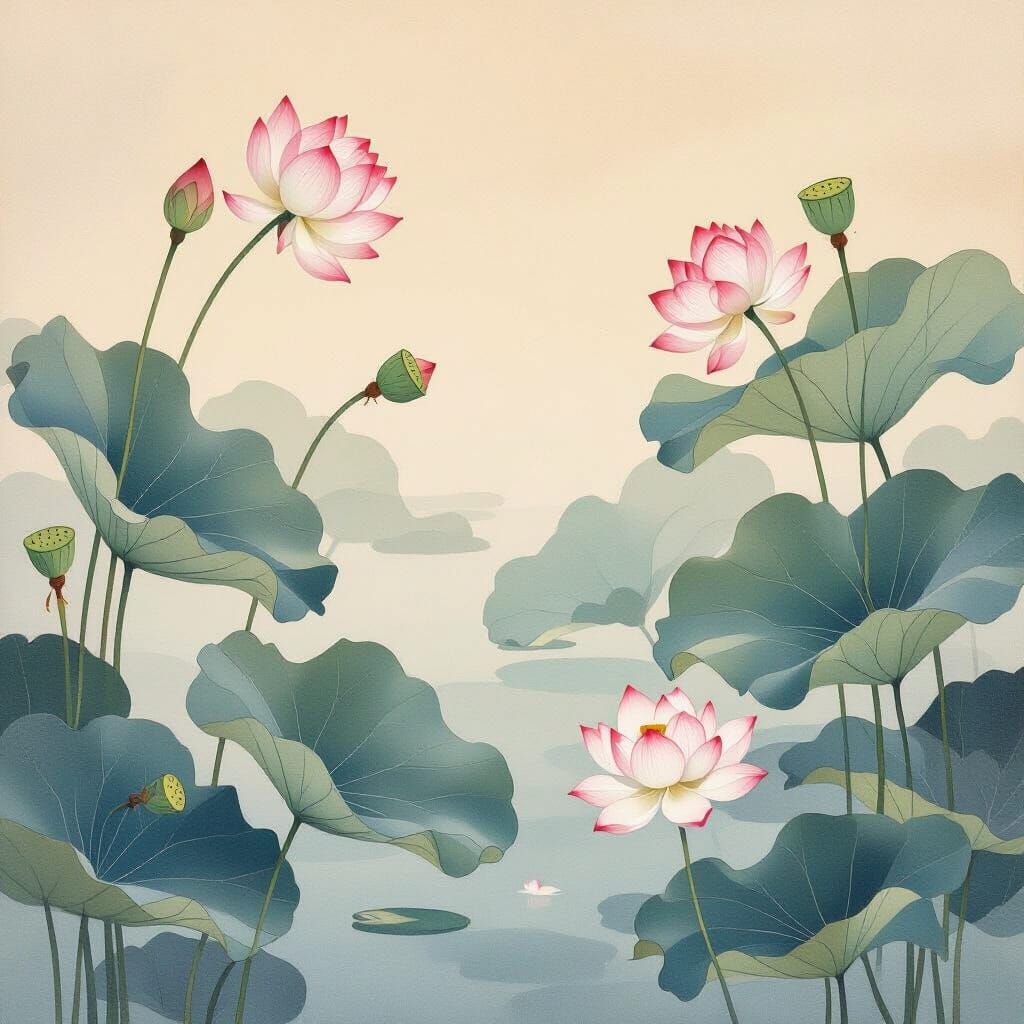 Impressionistic Lotus Pond in Pastel Colors