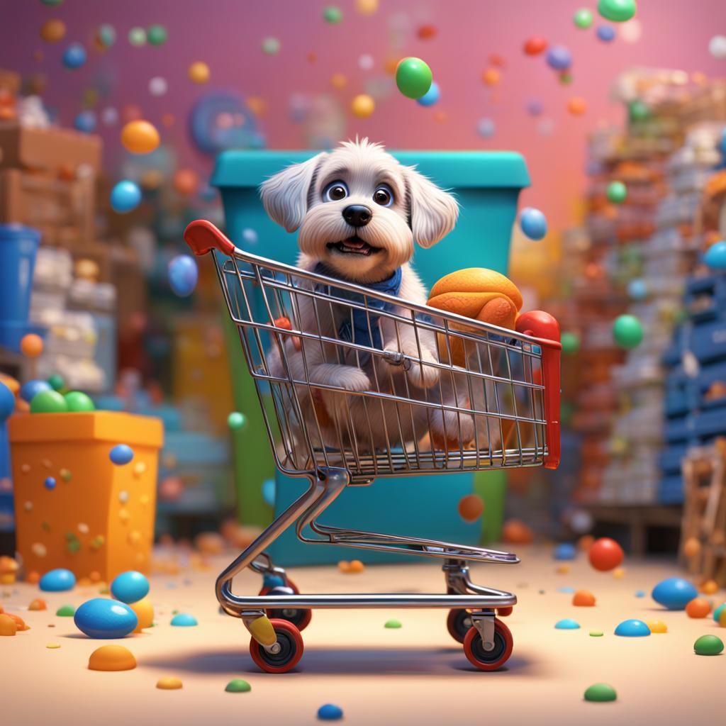 Sad Dog in Shopping Cart: Pixar-Style Digital Art