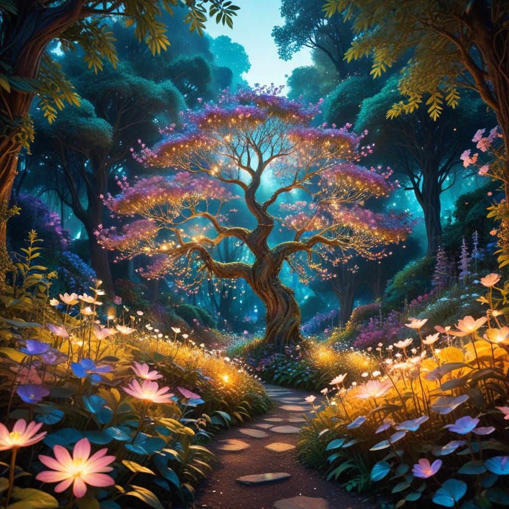 Whimsical Magical Tree in a Lush Garden Paradise