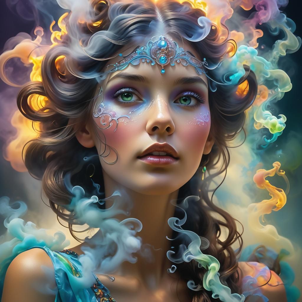 Mystical Feminine Portrait with Swirling Smoke
