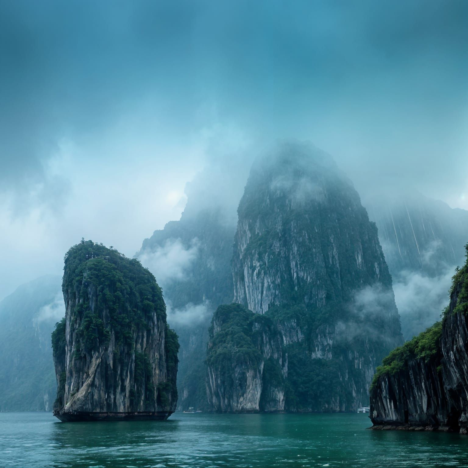 Rain Over Ha Long Bay: Hyperrealistic Cinematic Image