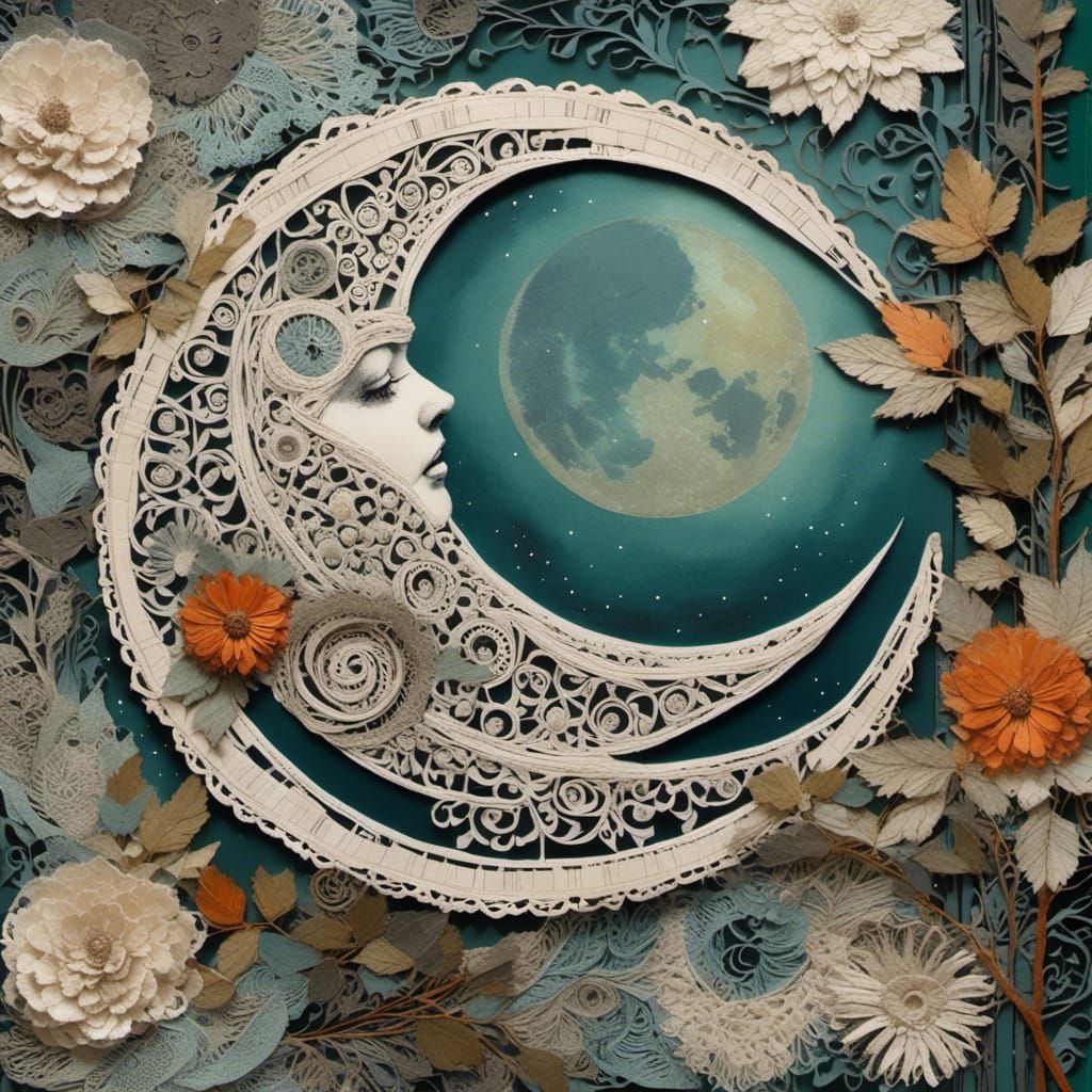 Mixed Media Moon Collage with Lace and Paper