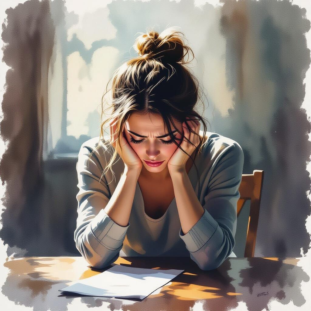 Sad Woman With Head in Hands, Hyperrealistic Watercolor Styl...