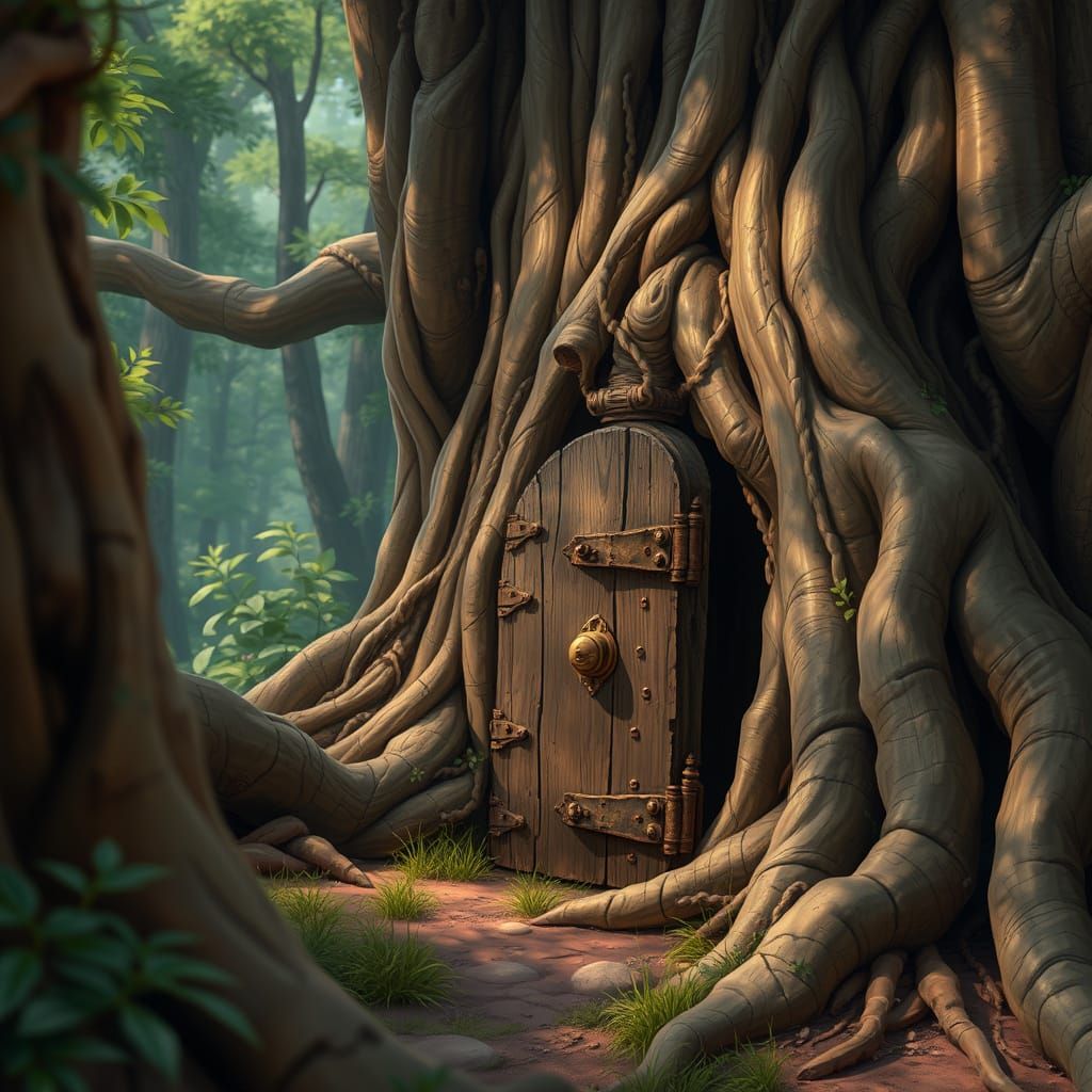 Intricate Door in Ancient Tree Roots