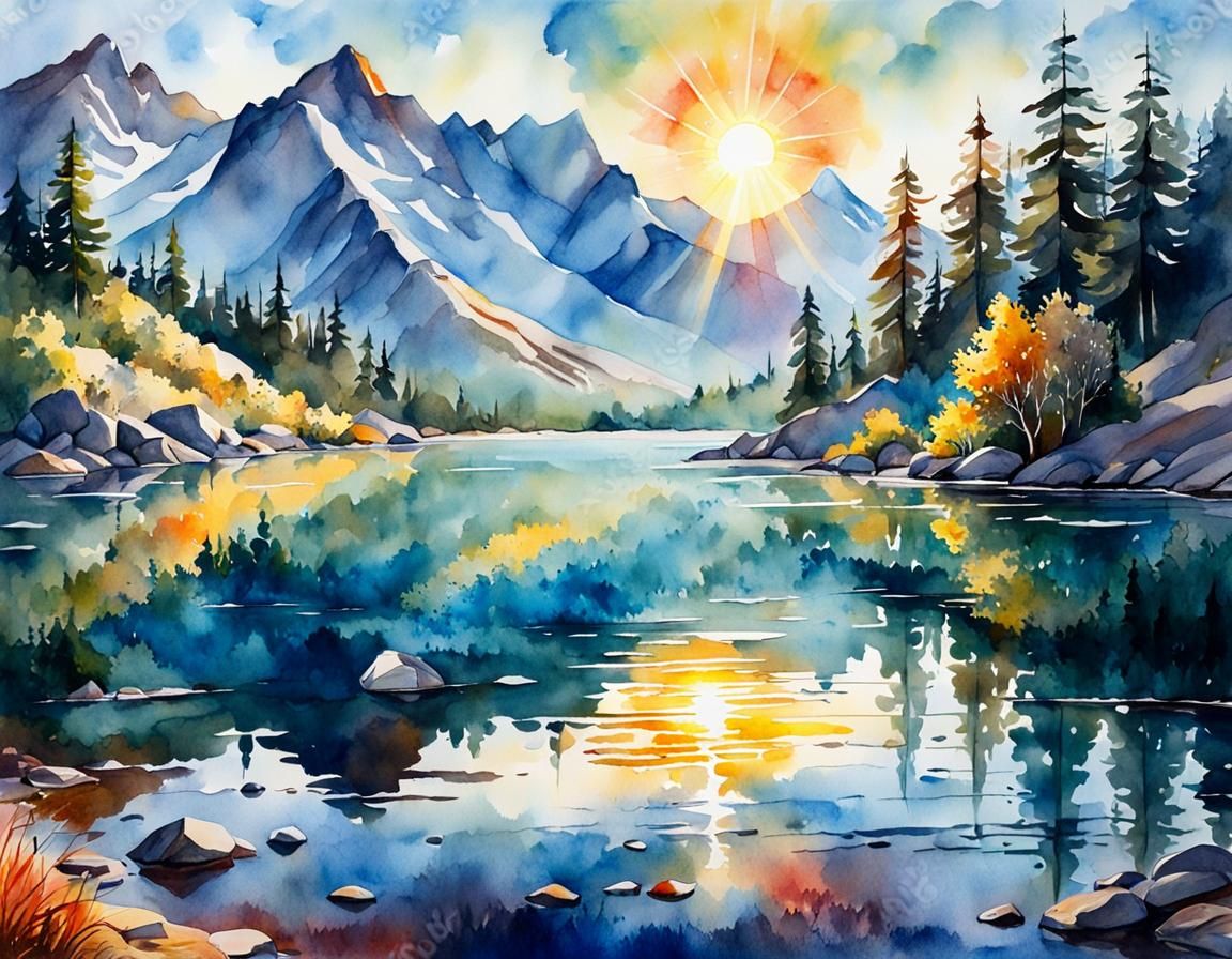 Sunlit Mountain Lake: Watercolor Gouache Painting