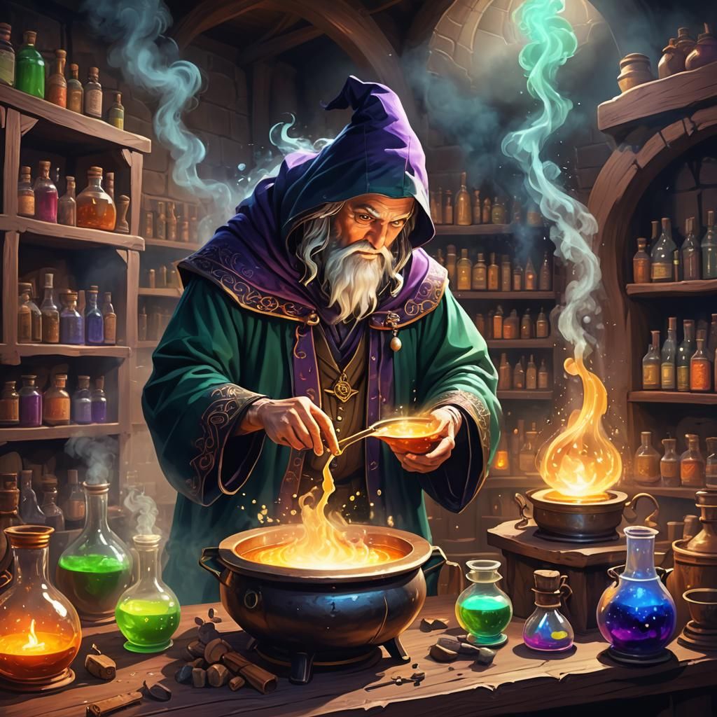 Mystical Mage Brewing Potions in Fantasy Laboratory