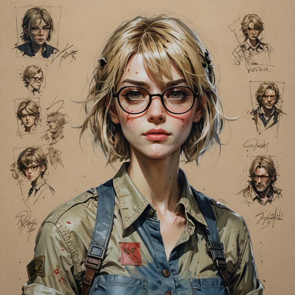 Beautiful blonde bob cut with bangs and glasses as a Character From Resident Evil Village, Alluring Woman, Sketch Color...