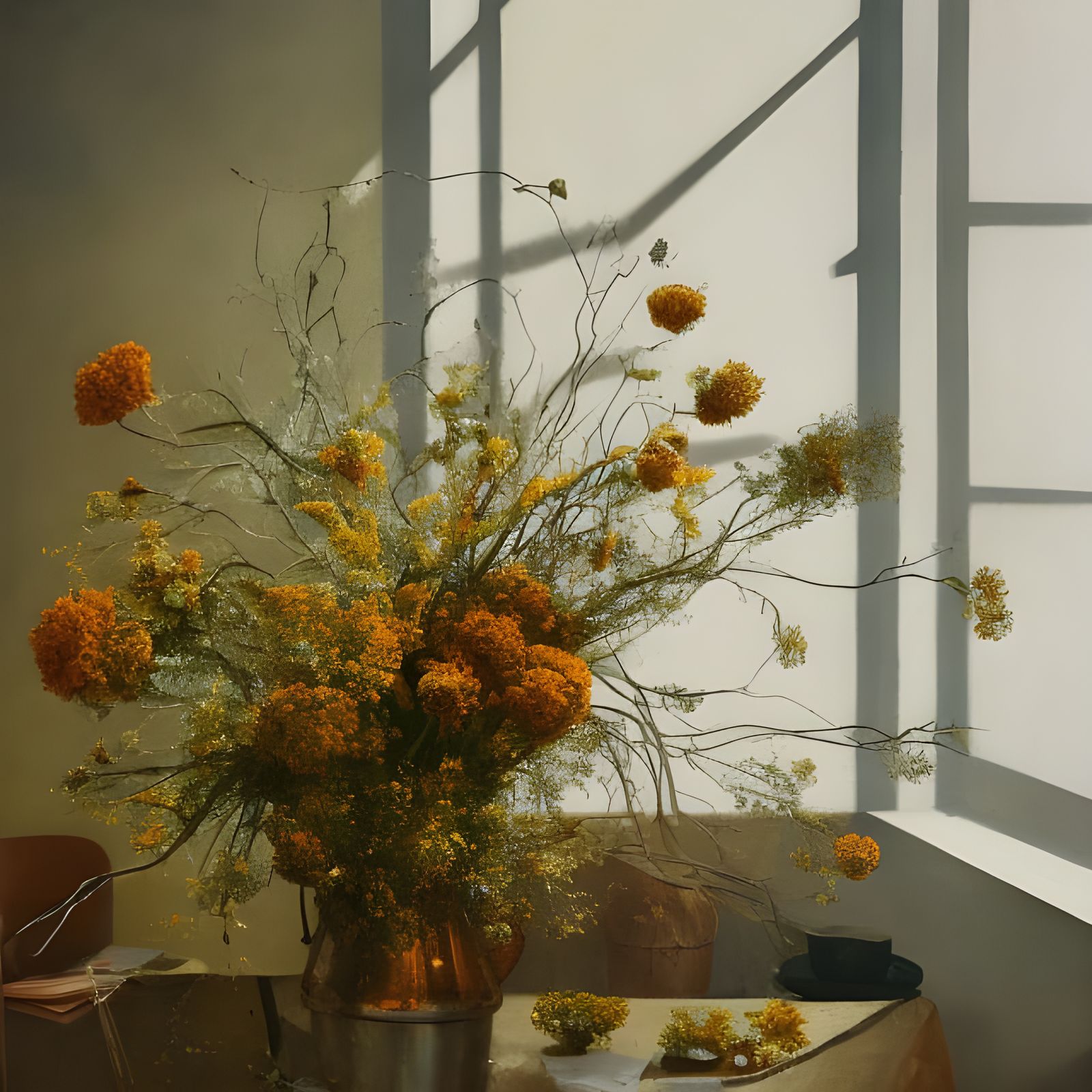 Dry Flowers in Copper Bucket, Hyperrealist Painting