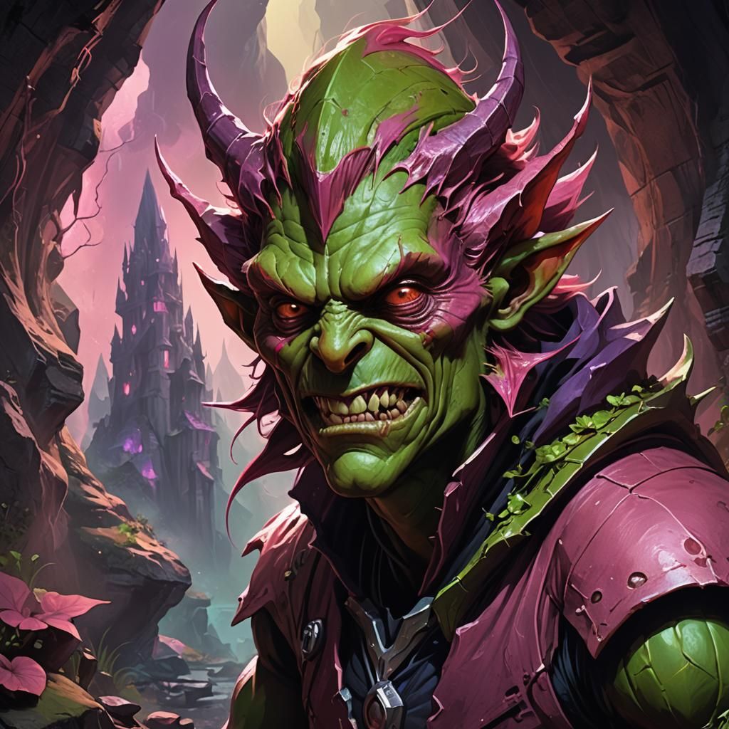 Pink and Green Goblin in Mystical Cave