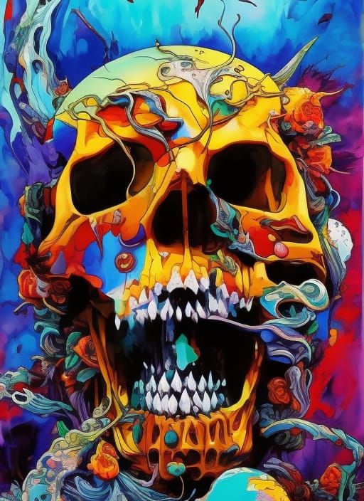Skull Fading to Dust: Hyperdetailed Gouache Illustration
