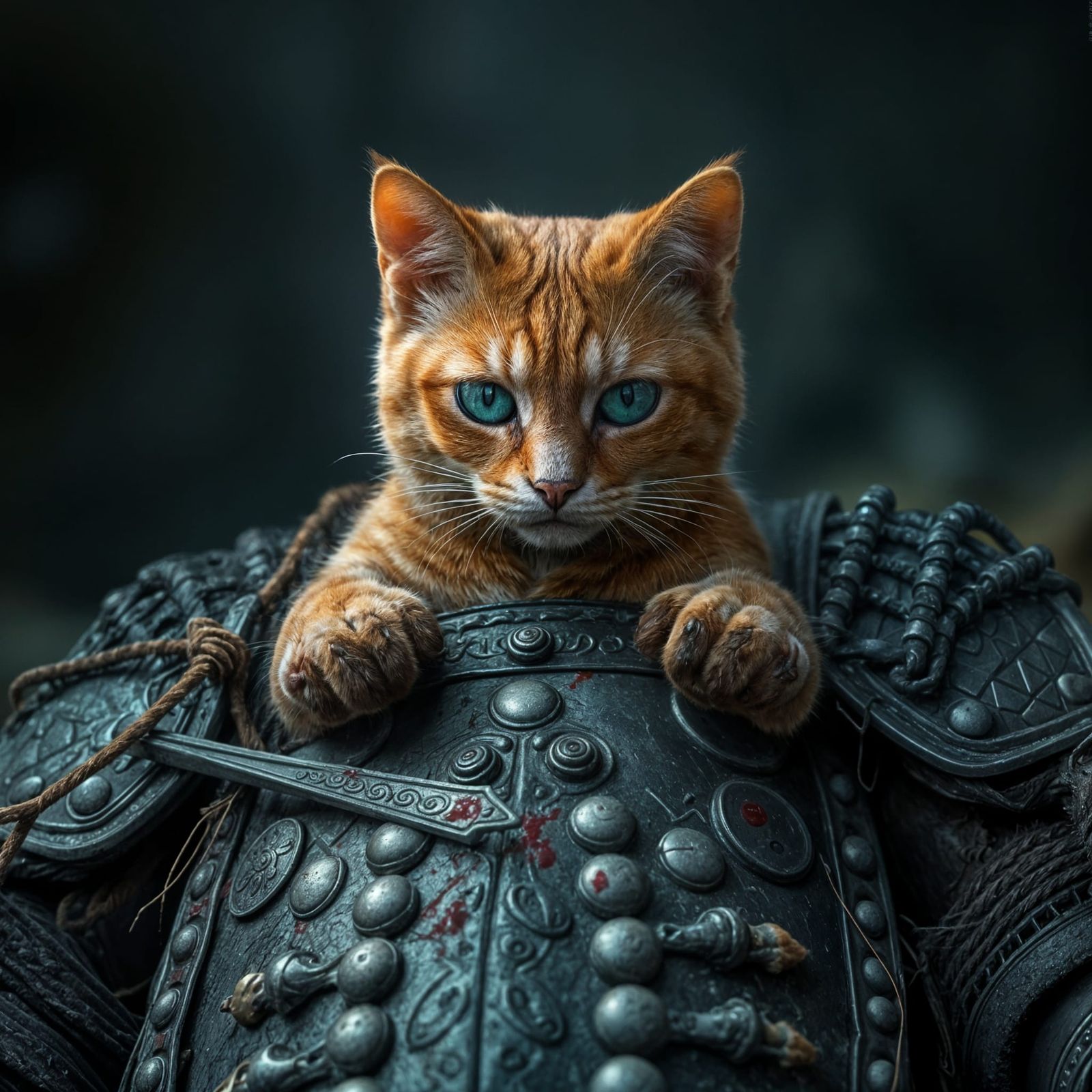 Ginger Cat with Bloody Paws in Fantasy Scene