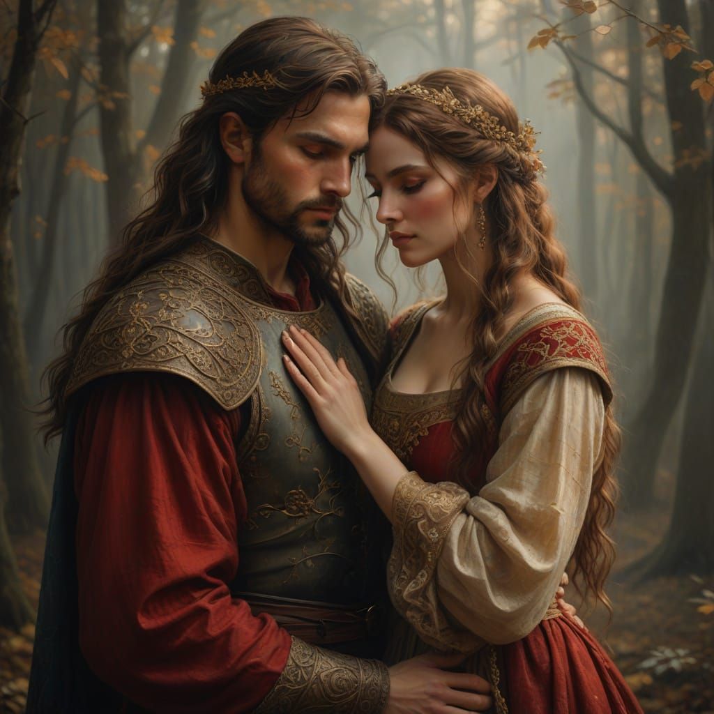 Tender Medieval Couple Embracing in Autumn Mist