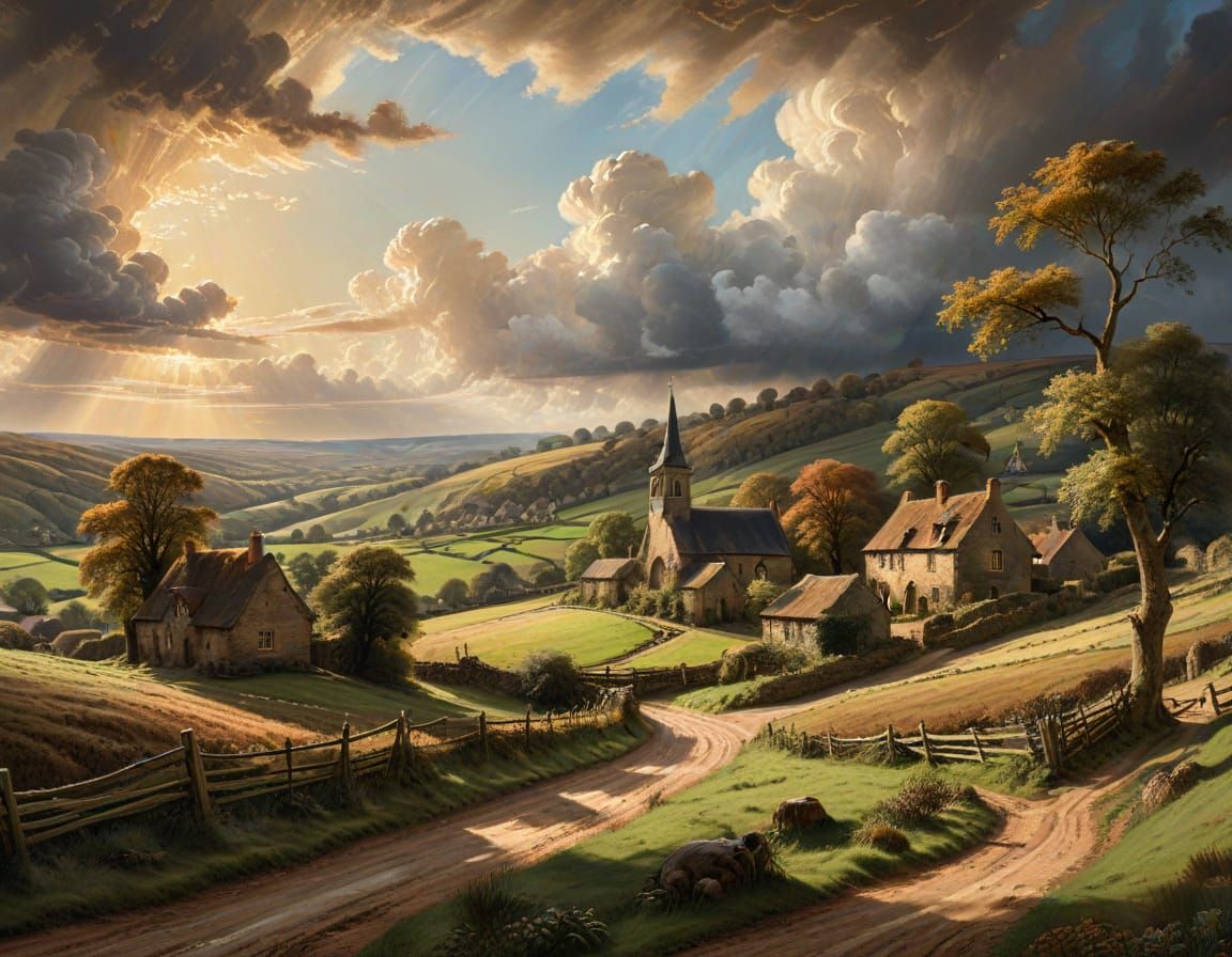 Quaint Village Landscape in Constable Style