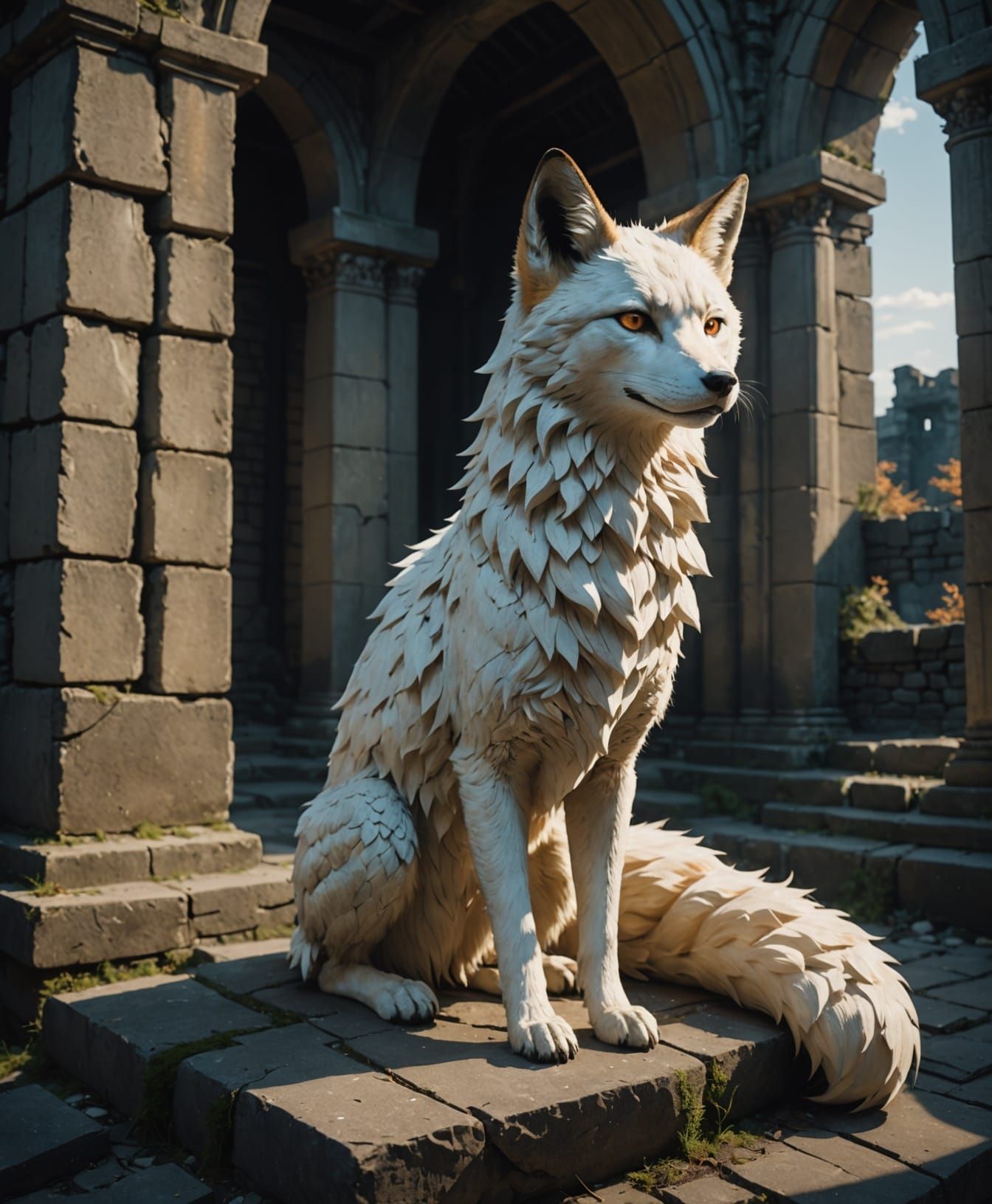 Ethereal 9-Tailed Kitsune in Ancient Ruins