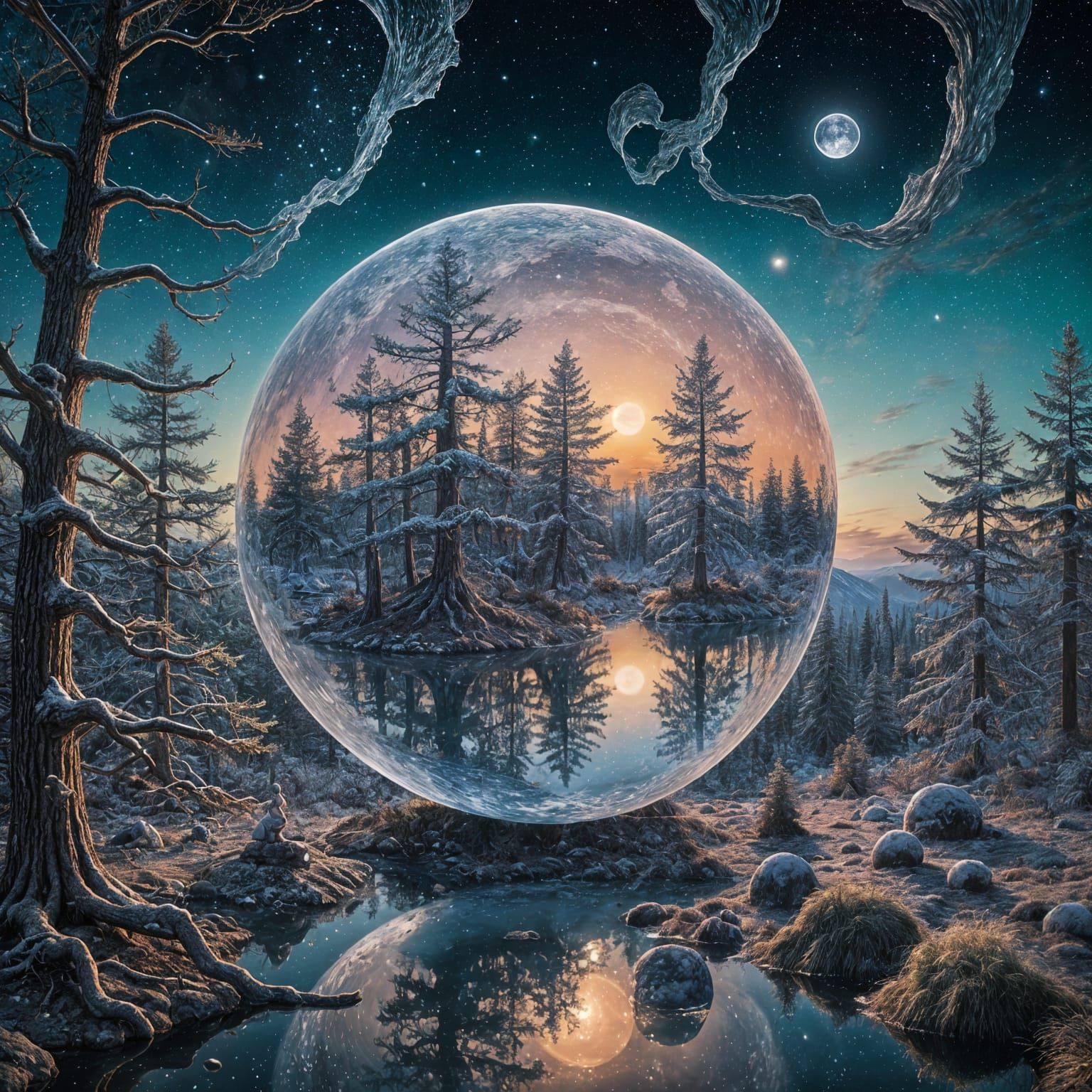 Whispering Pines Under Celestial Canvas in Silver