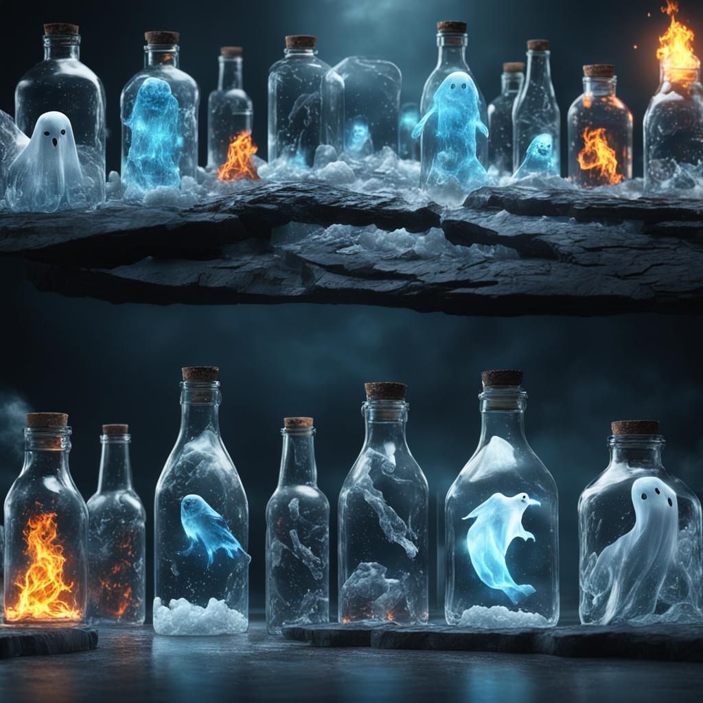 Elemental Ghosts Trapped in Bottles: CGI Rendering