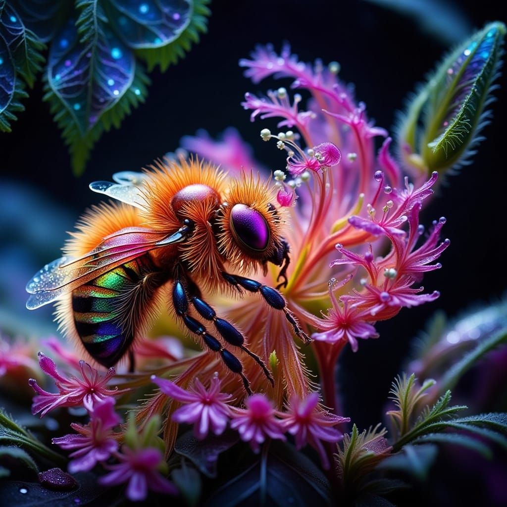 Macro Bee Sleeping in Starry Fractal Galaxy