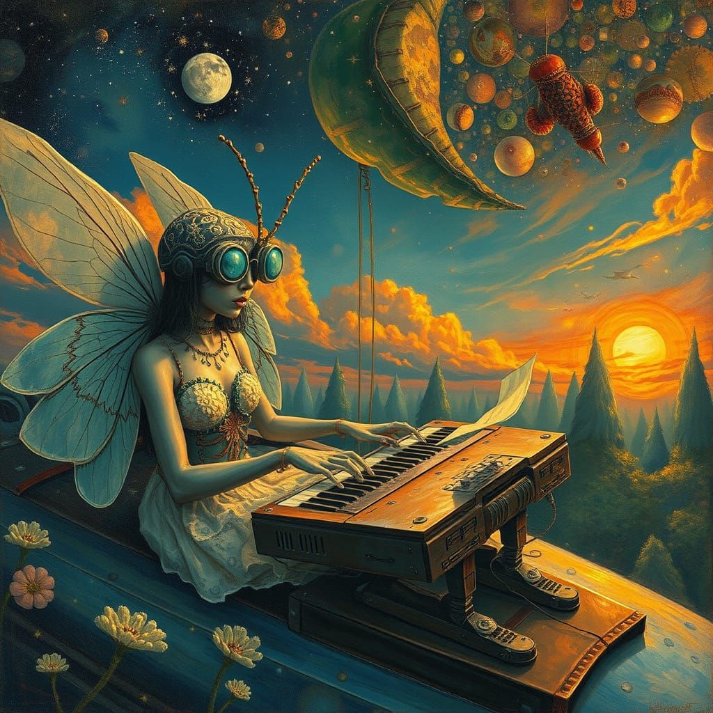 Surreal Wood and Bicycle Spaceship Sails Through Sunset Gala...