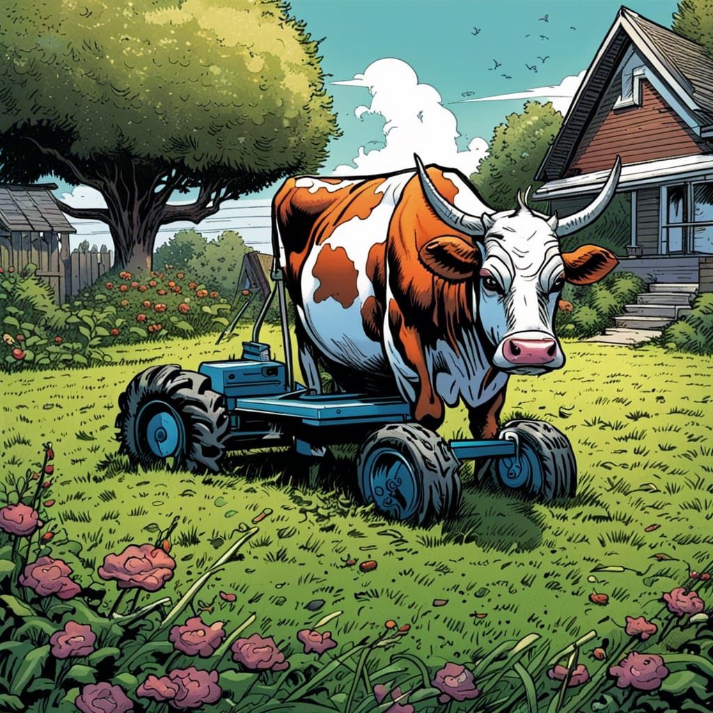 Cow mowing his front yard