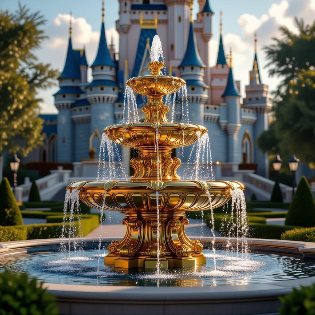 Majestic Gold and Silver Fountain in Disney Style