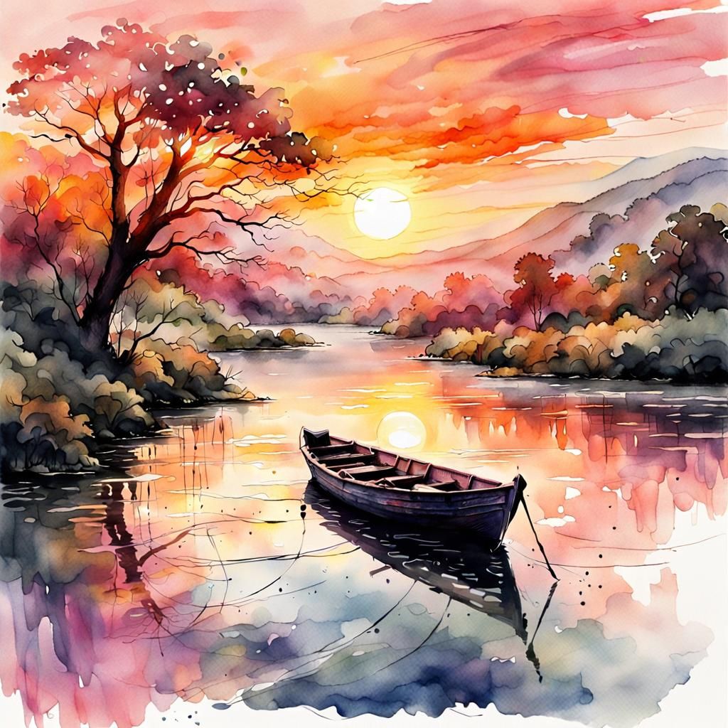 Watercolor Boat on River at Sunrise Landscape