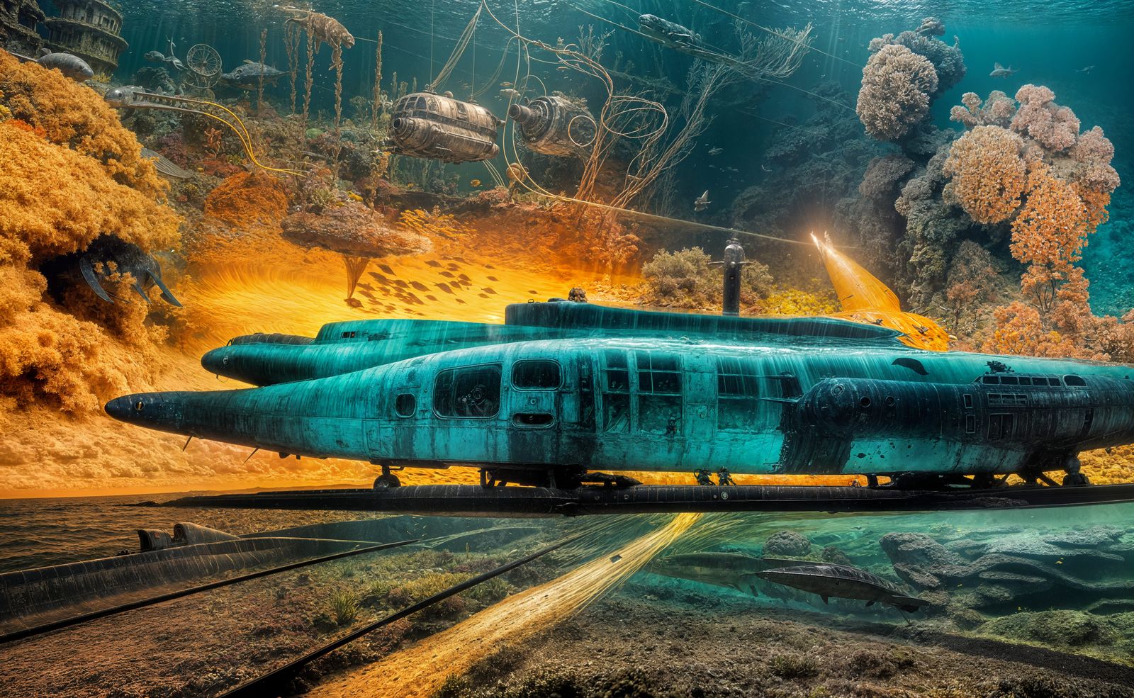 Cyberpunk Submarine Explorer Dives Through Dark Seabed Fauna