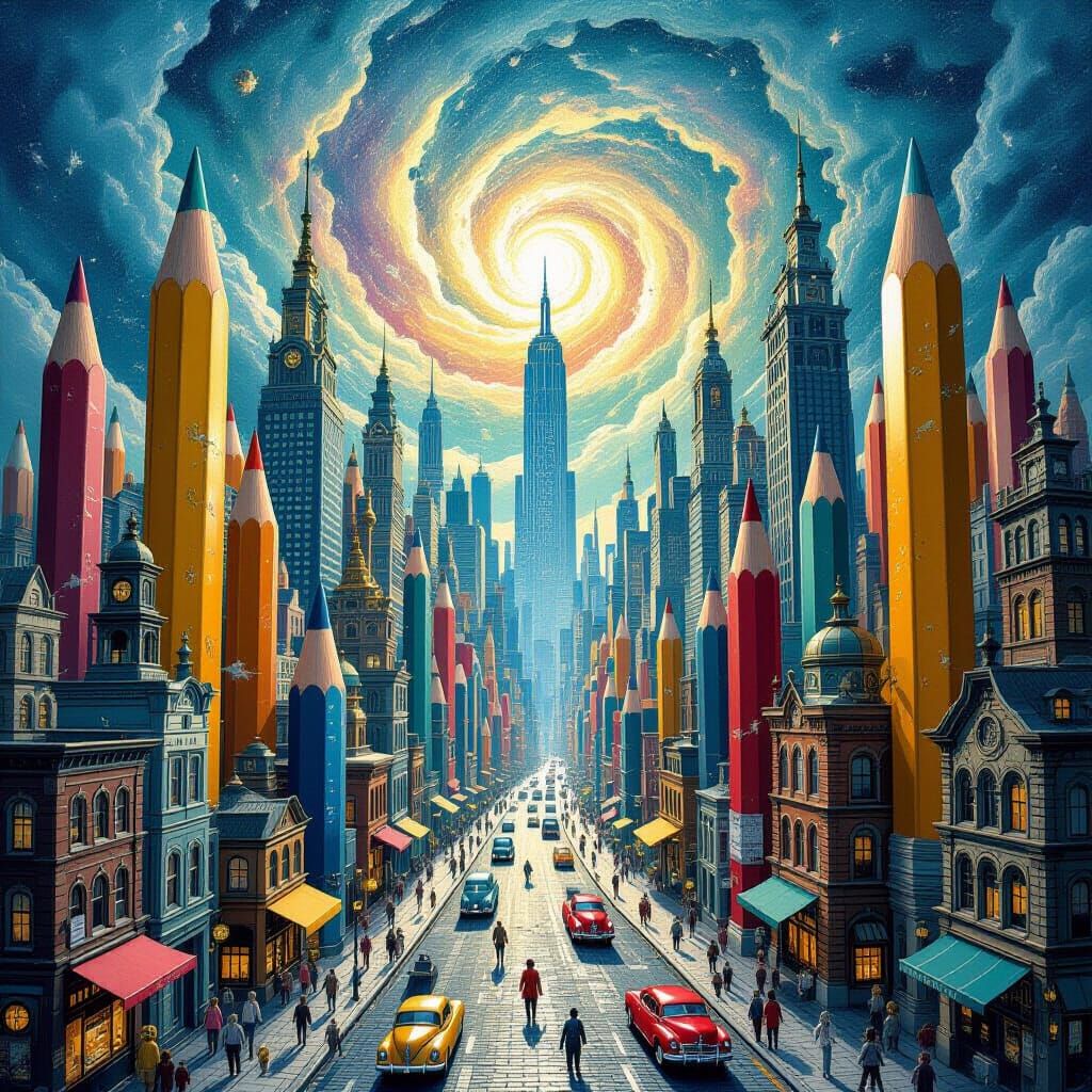 Pencil Cityscape Under Nebula Sky