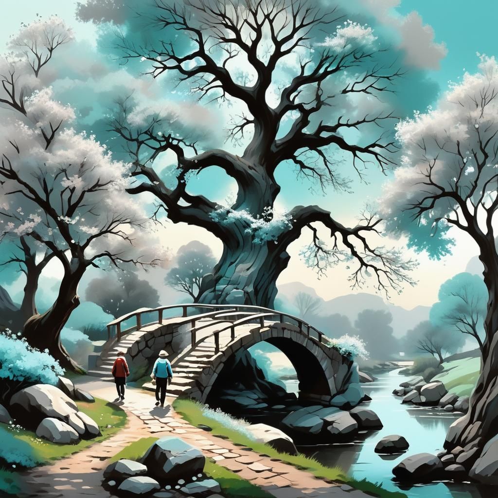 Arched Bridge Scene in Atmospheric Painting Style