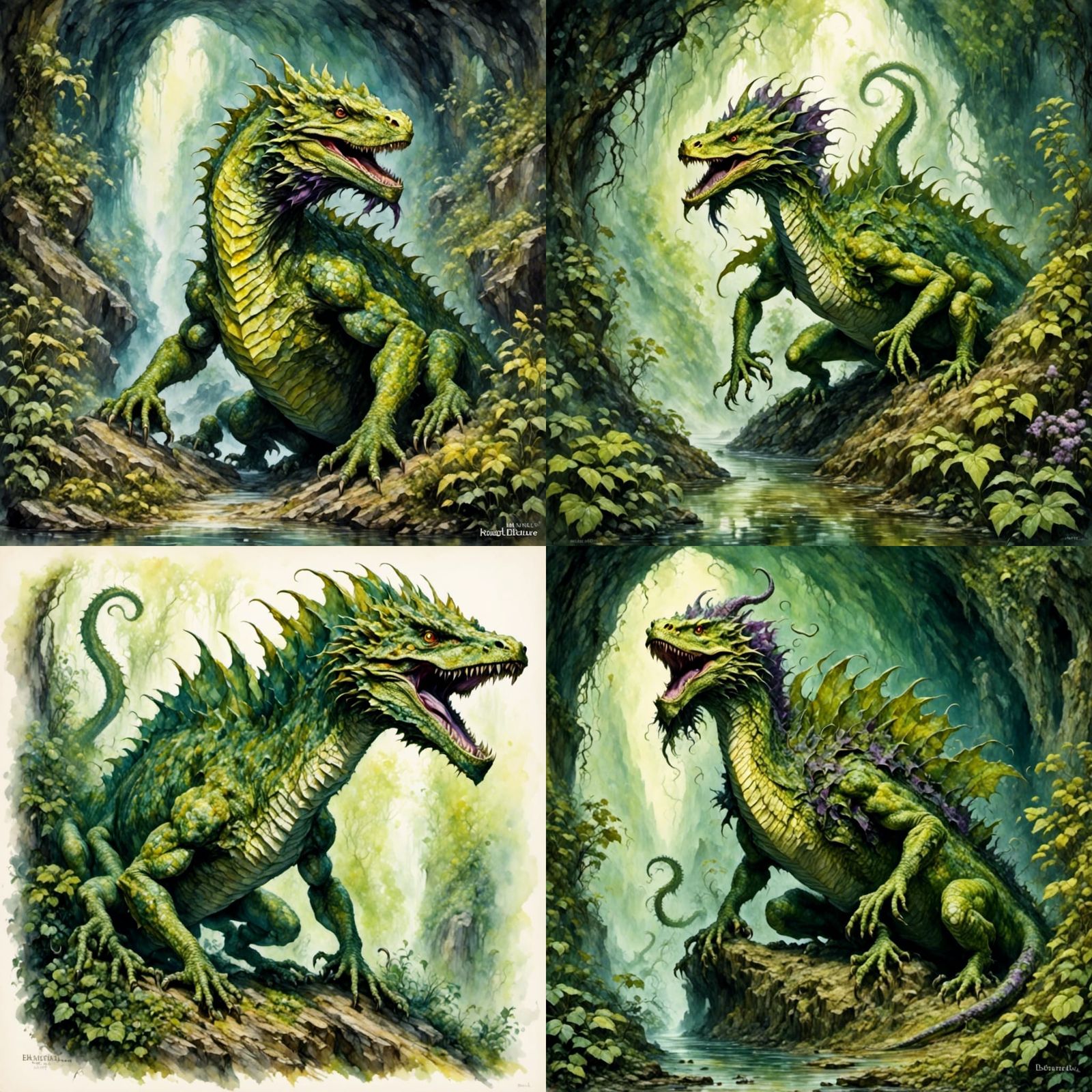 Verdant Cavern Basilisk in Fantasy Illustration Style