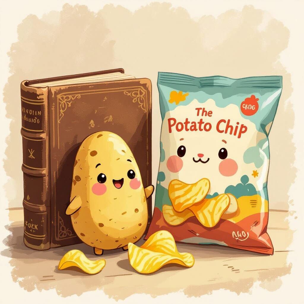 Cute Potato Chip Character Beside Vintage Book
