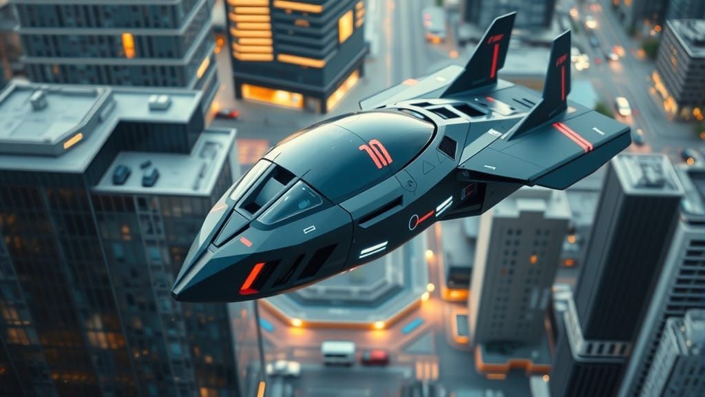 Cyber Flying Vehicle Soars Above Futuristic Cityscape in Pho...