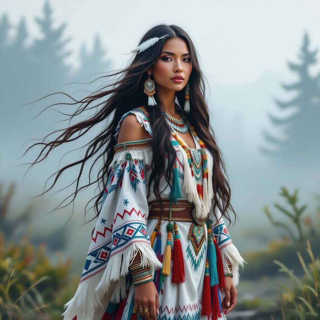 Elegant Native American Woman in Misty Landscape