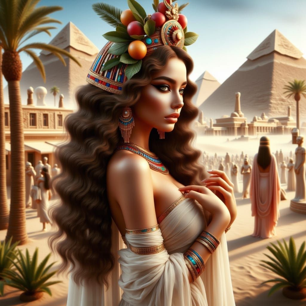 Egyptian Woman with Fruit Bouquet in Ancient Market