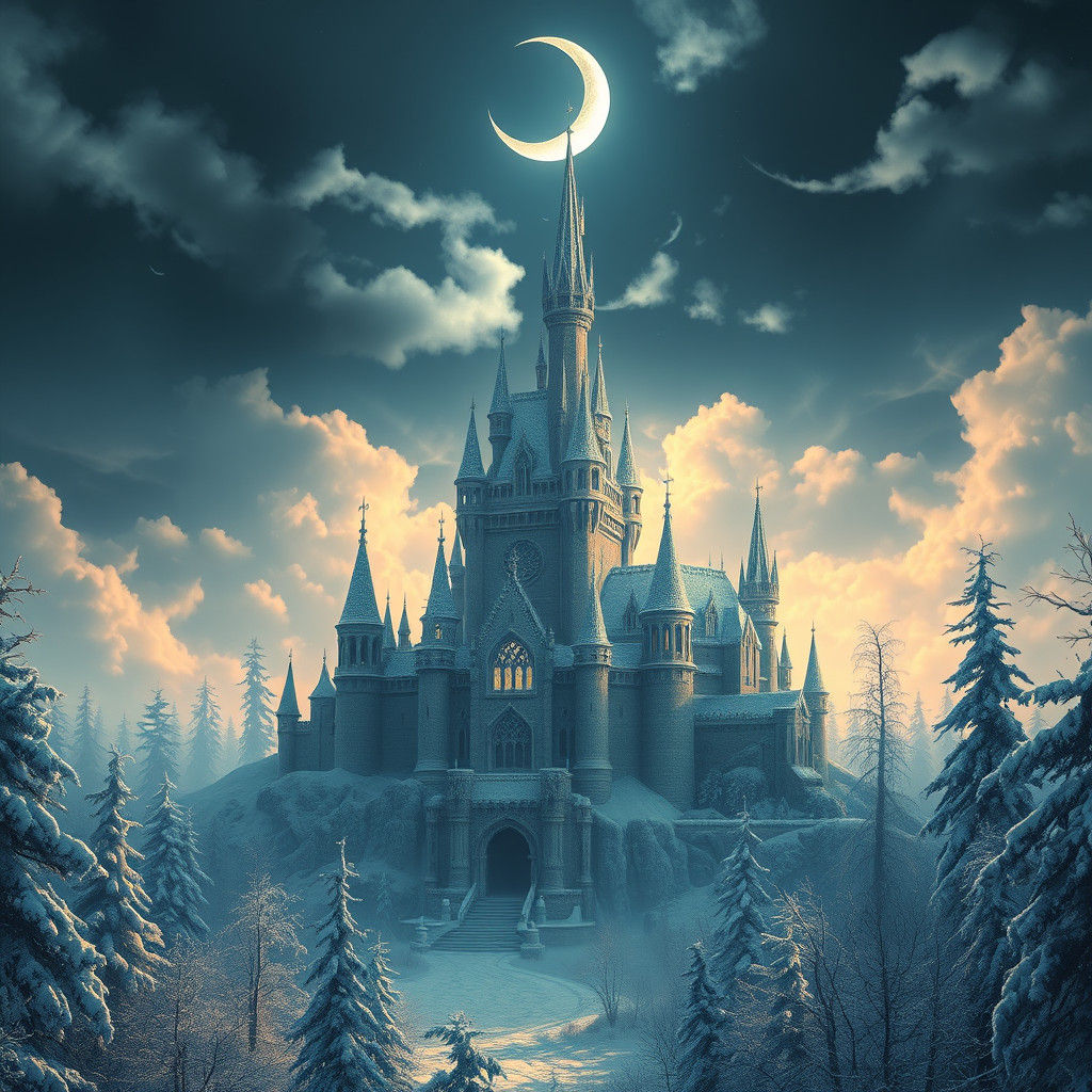 Majestic Snow Castle in Mystical Frozen Forest