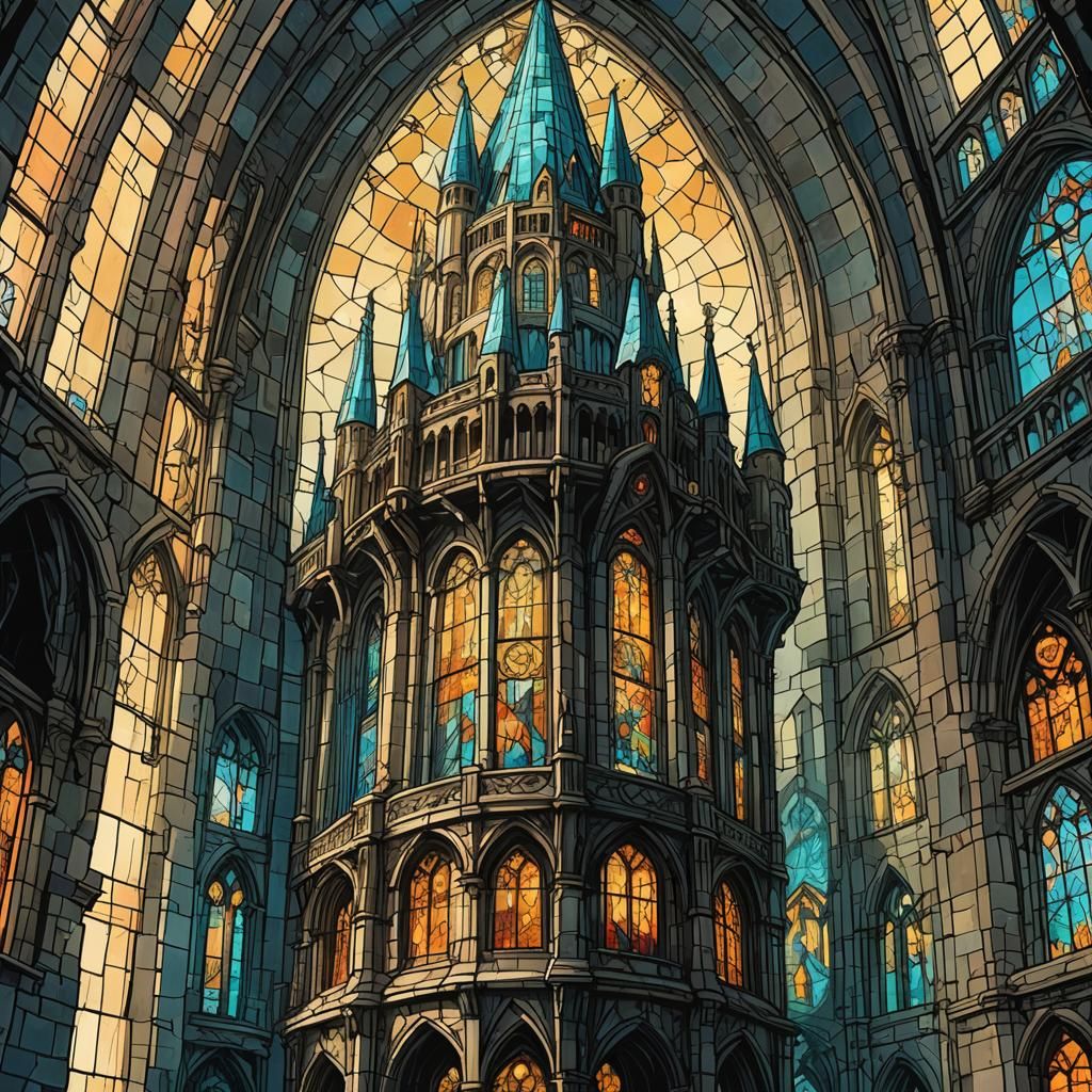 Luminescent Stained Glass Mage Tower Illustration