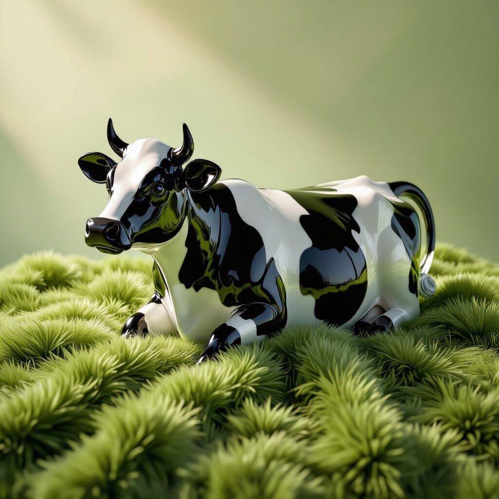 Glossy Blown Glass Cow on Fur Blanket