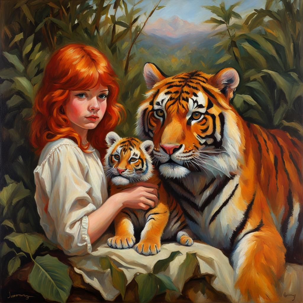 Girl with Tiger Cub: Oil Painting Portrait