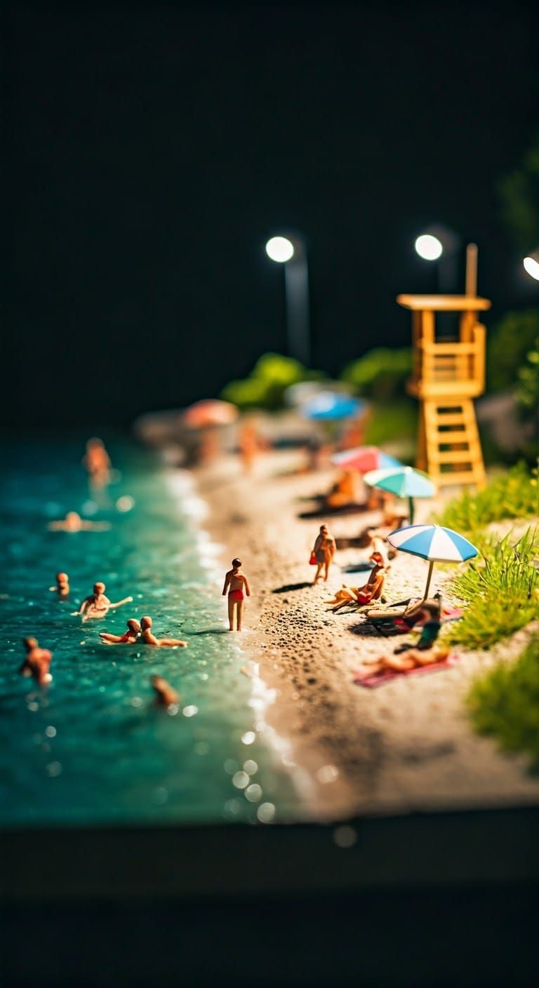 Vibrant Beach Diorama with Colorful Umbrellas