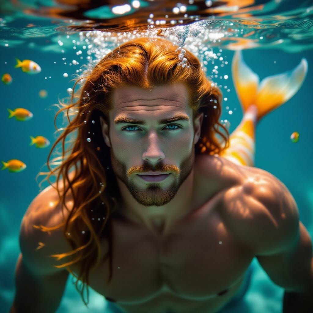 Striking Merman Portrait in Underwater Scene