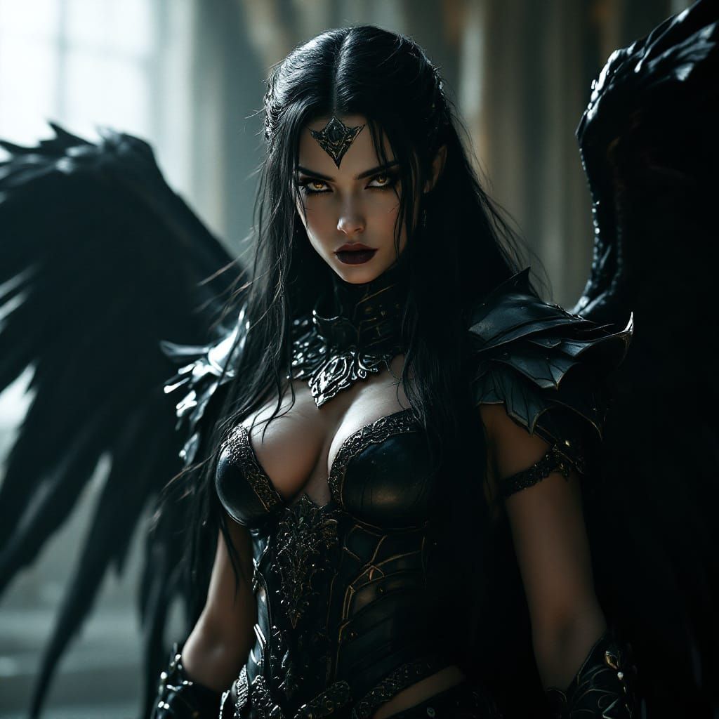 Muscular Female Aasimar Warrior with Gothic Armor and Wings