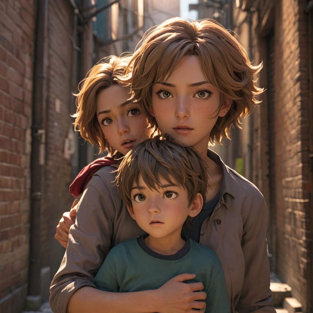 Anime Mother Shields Son: Dynamic 3D Art