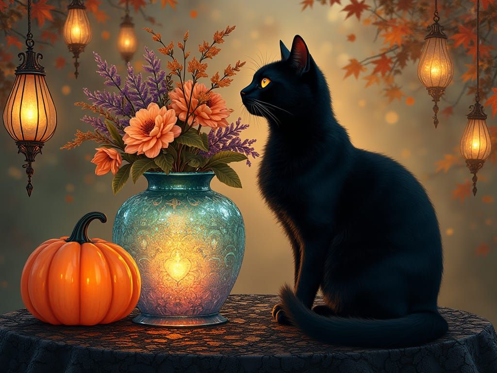 Iridescent Tiffany Vase with Flowers and Pumpkin