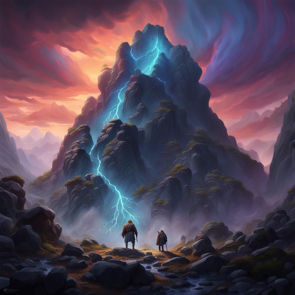 Fantasy Art: Man Lifts Mountain in Dramatic Lighting