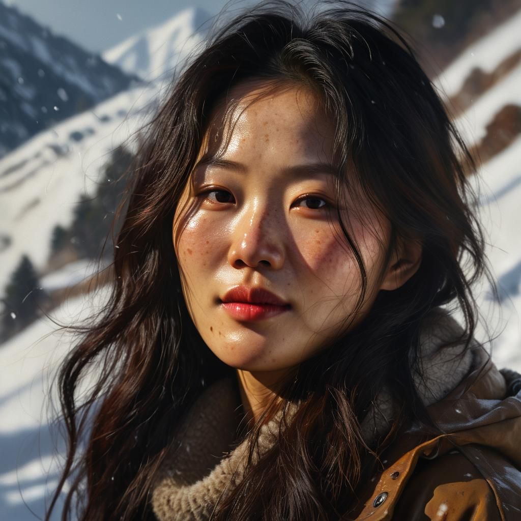 Chiaroscuro Oil Painting of Korean Woman on Snowy Mountain